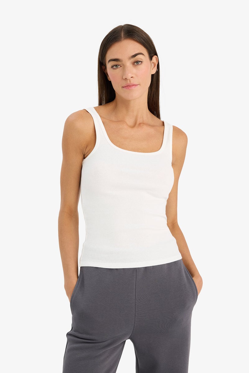 DeFacto White Woman Slim Fit Basic Camisole Round Collar Tank Top Casual - Image 3